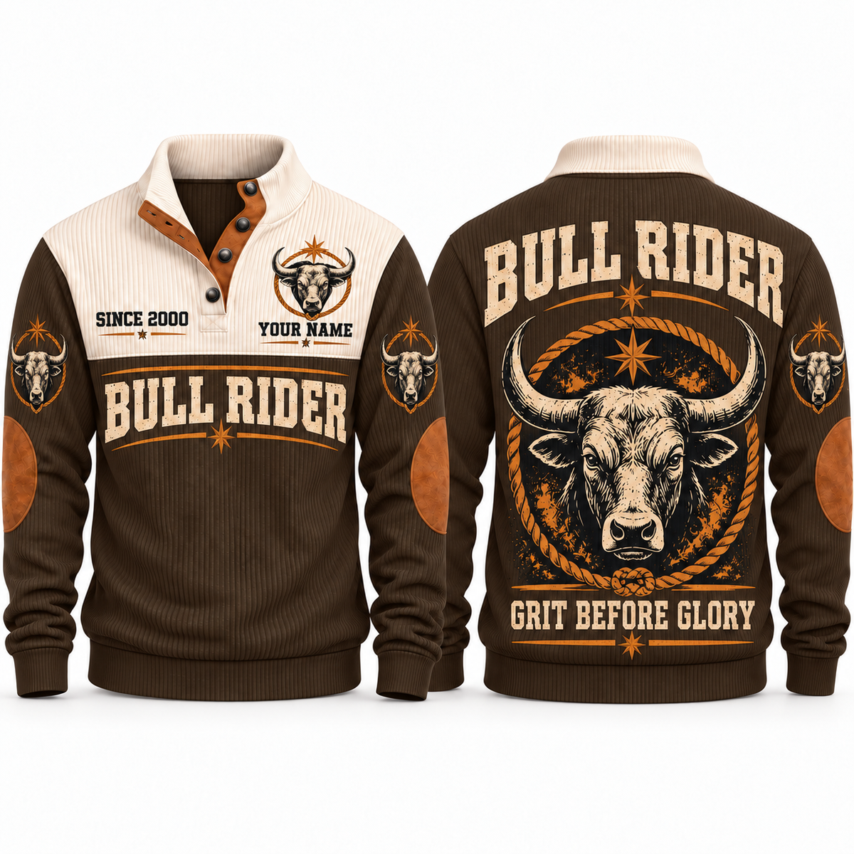 Grit Before Glory personalized bull riding rodeo sports sweatshirt in Brown – RDO04