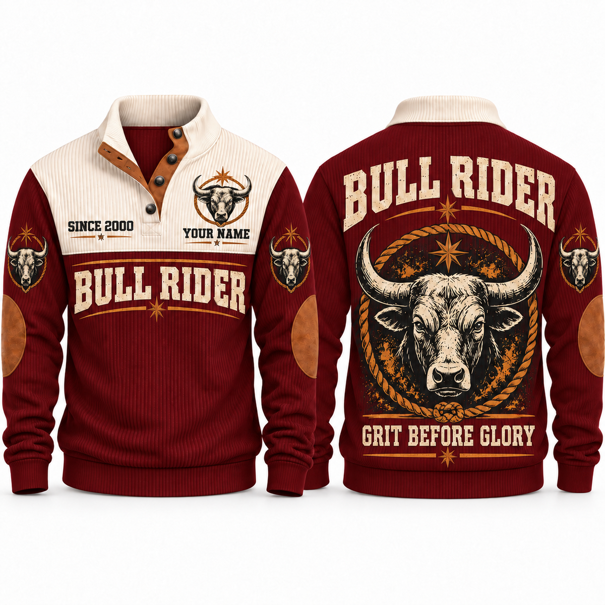 Grit Before Glory personalized bull riding rodeo sports sweatshirt in Jujube Red – RDO04