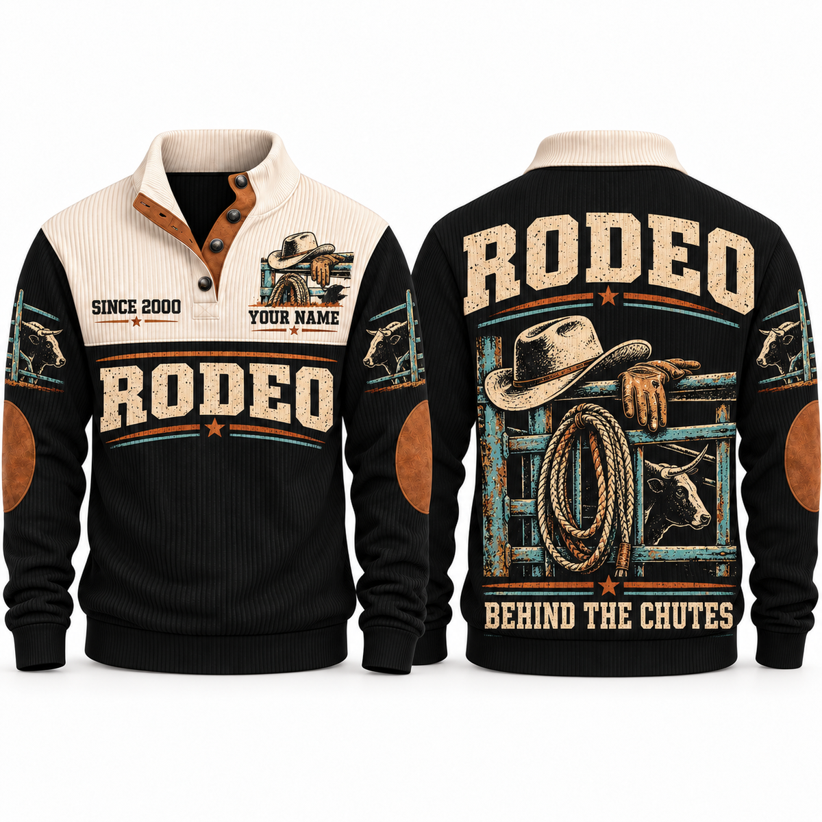 Behind the Chutes personalized bull riding rodeo sports sweatshirt in Black – RDO05