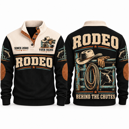 Behind the Chutes personalized bull riding rodeo sports sweatshirt in Black – RDO05