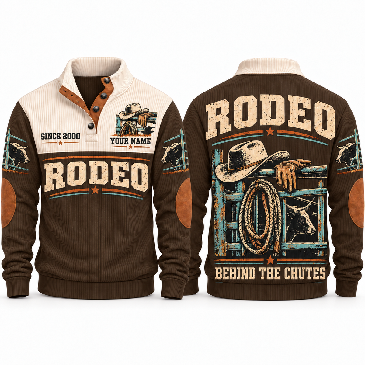 Behind the Chutes personalized bull riding rodeo sports sweatshirt in Brown – RDO05