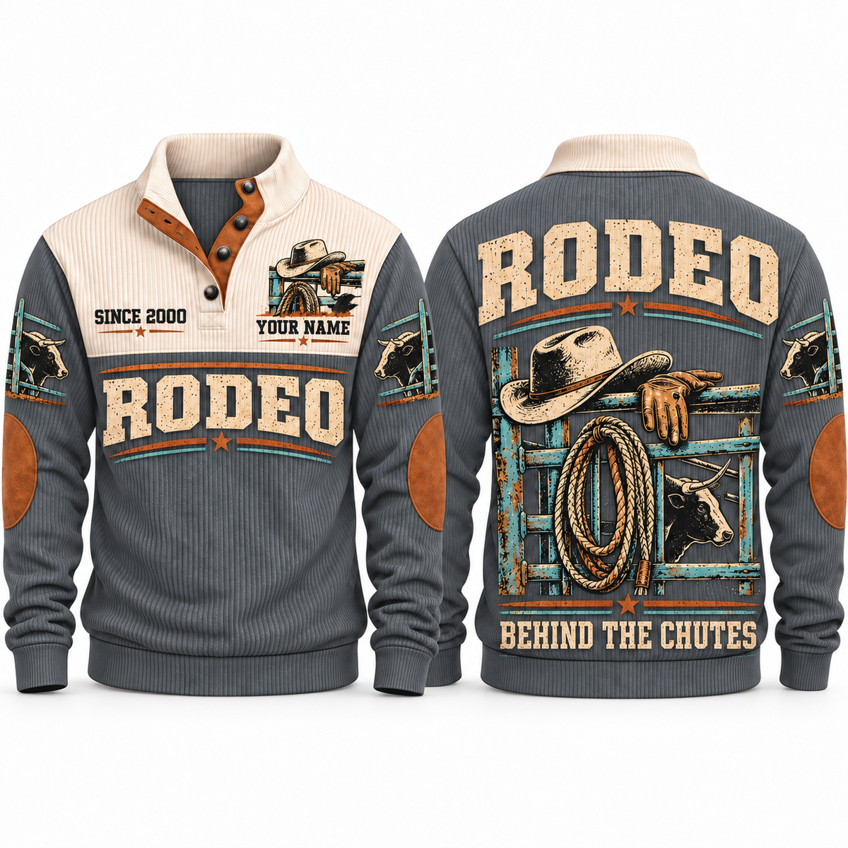 Behind the Chutes personalized bull riding rodeo sports sweatshirt in Grey – RDO05