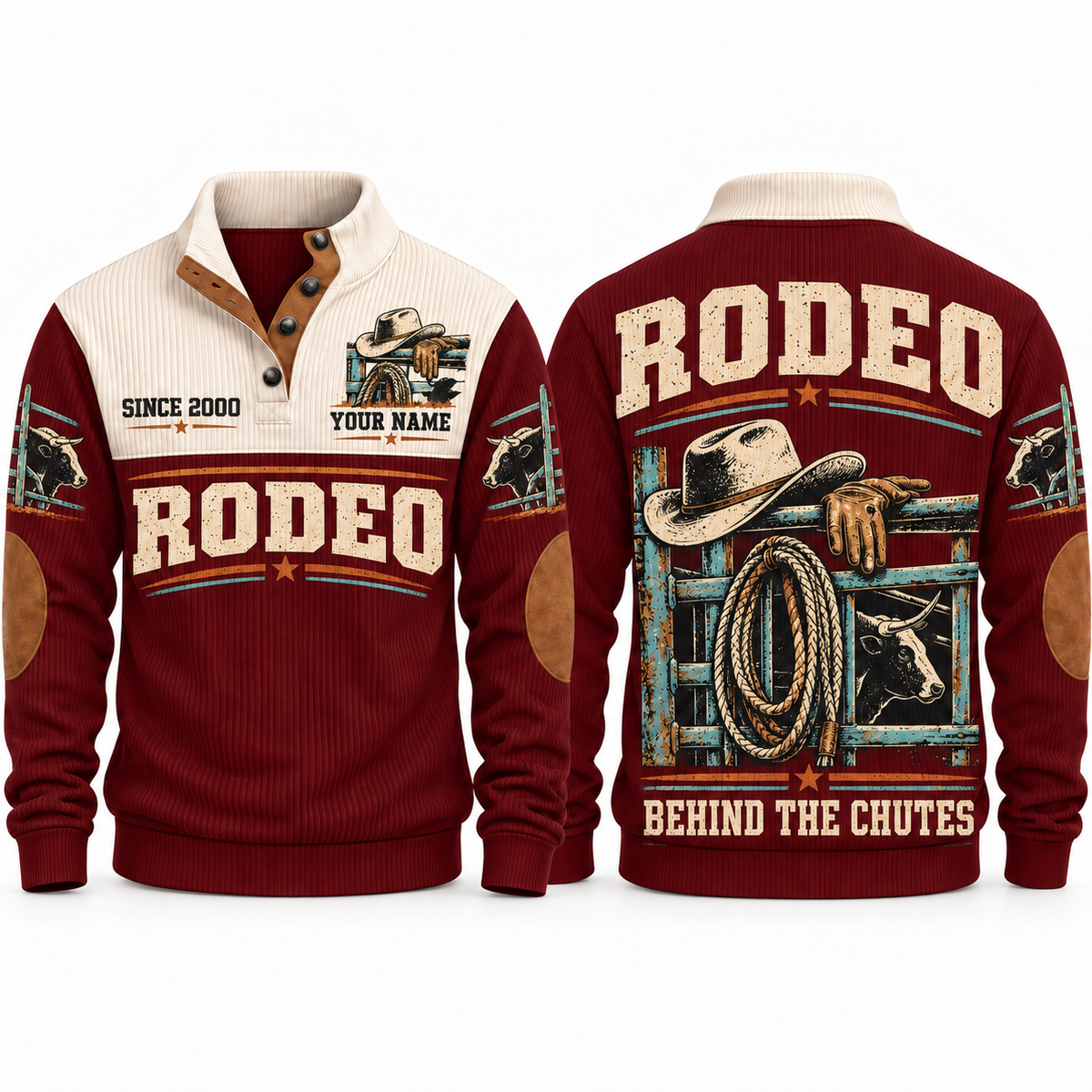 Behind the Chutes personalized bull riding rodeo sports sweatshirt in Jujube Red – RDO05