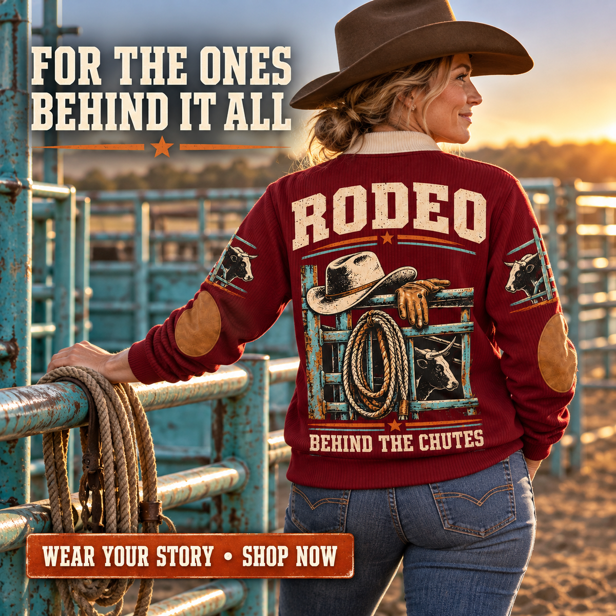 Behind the Chutes | Bull Riding / Rodeo Personalized Sports Sweatshirt lifestyle mockup in Jujube Red