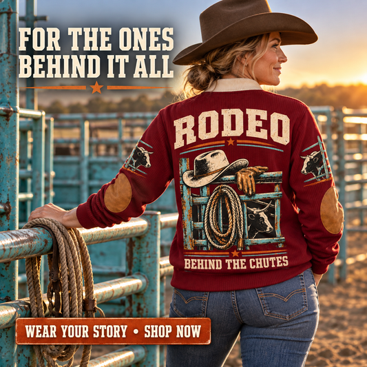Behind the Chutes | Bull Riding / Rodeo Personalized Sports Sweatshirt lifestyle mockup in Jujube Red