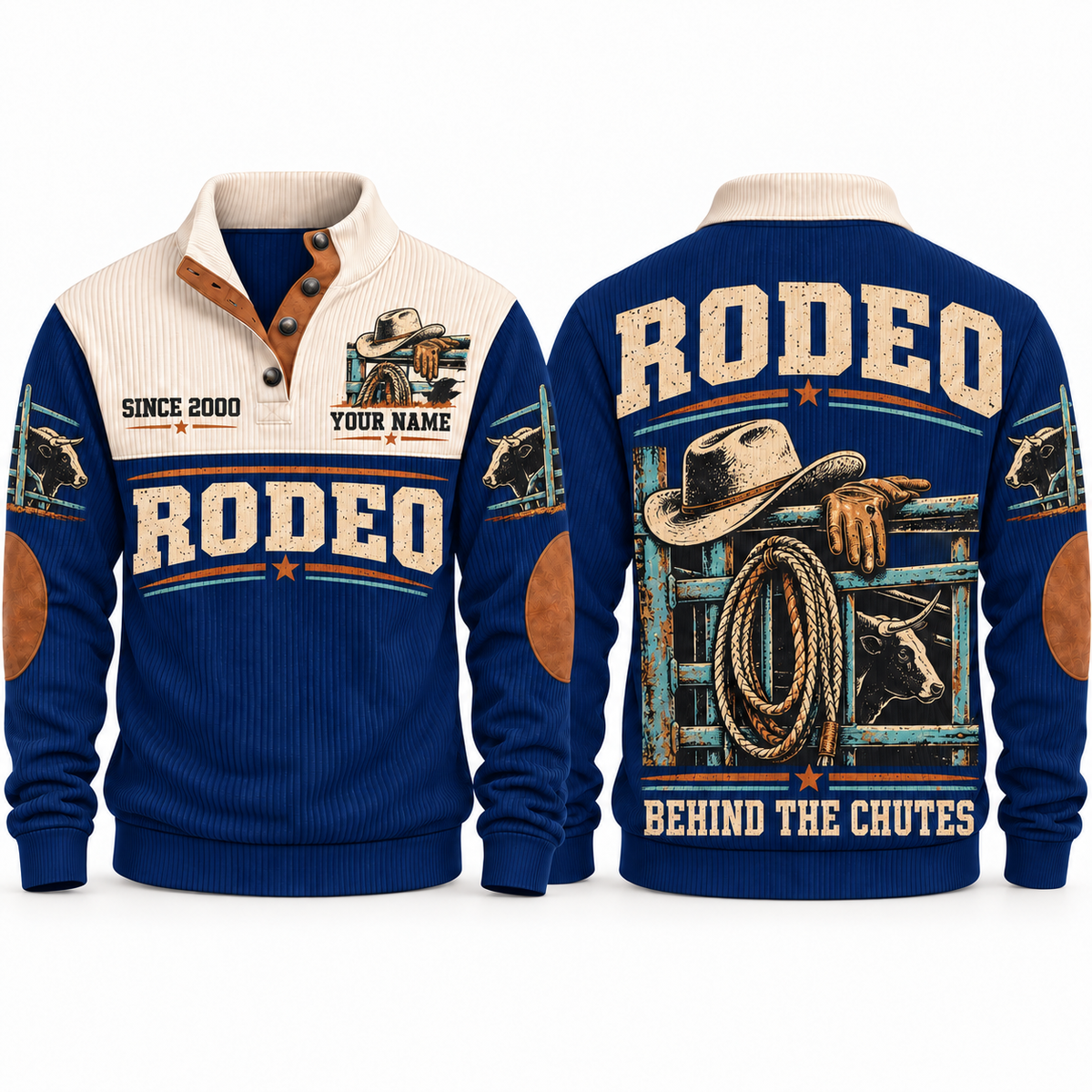 Behind the Chutes personalized bull riding rodeo sports sweatshirt in Navy – RDO05