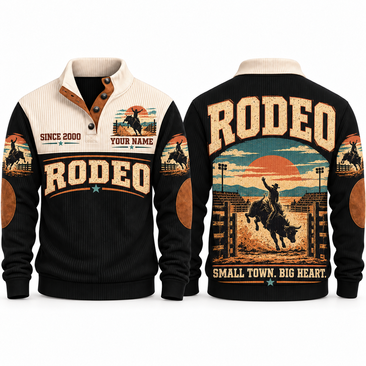 Small Town. Big Heart. personalized bull riding rodeo sports sweatshirt in Black – RDO06