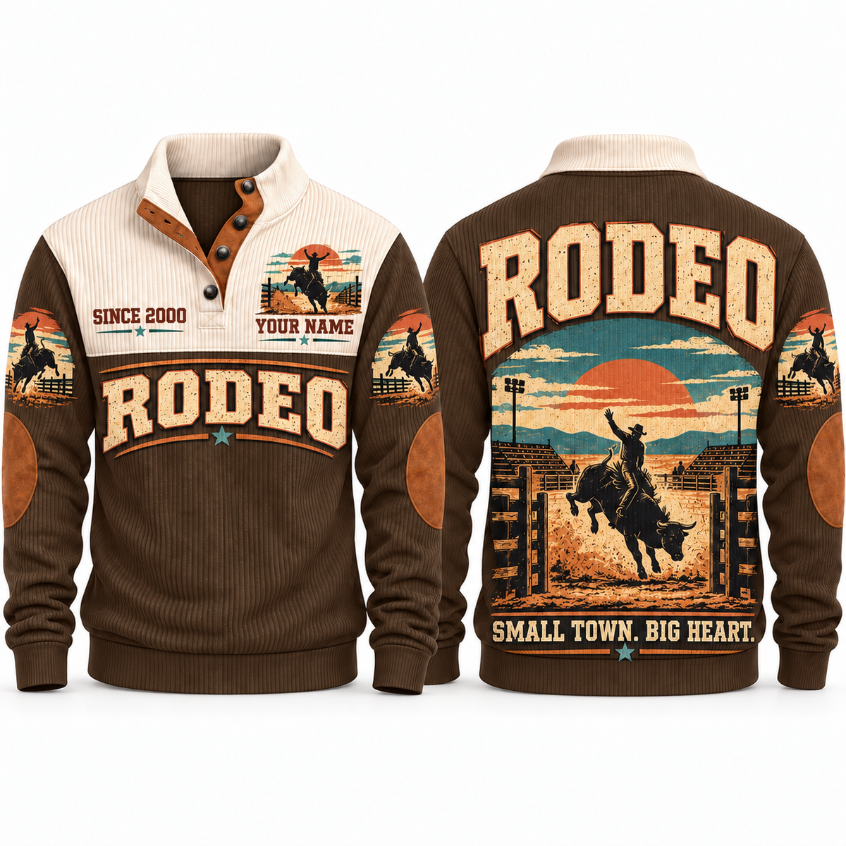 Small Town. Big Heart. personalized bull riding rodeo sports sweatshirt in Brown – RDO06