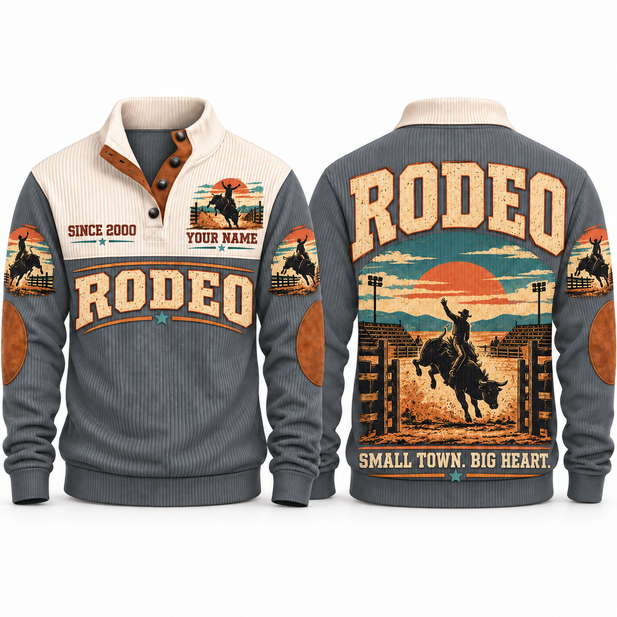 Small Town. Big Heart. personalized bull riding rodeo sports sweatshirt in Grey – RDO06