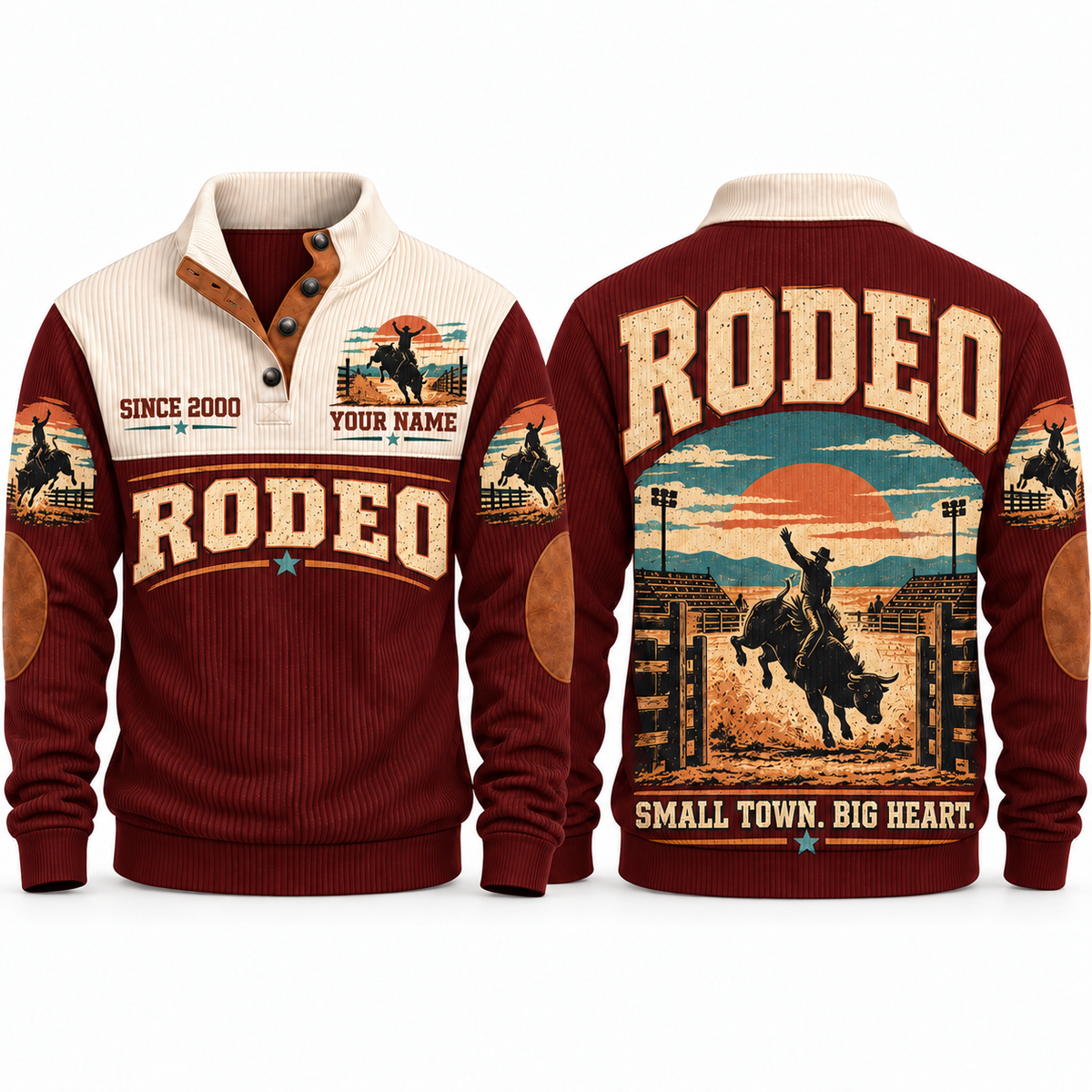 Small Town. Big Heart. personalized bull riding rodeo sports sweatshirt in Jujube Red – RDO06