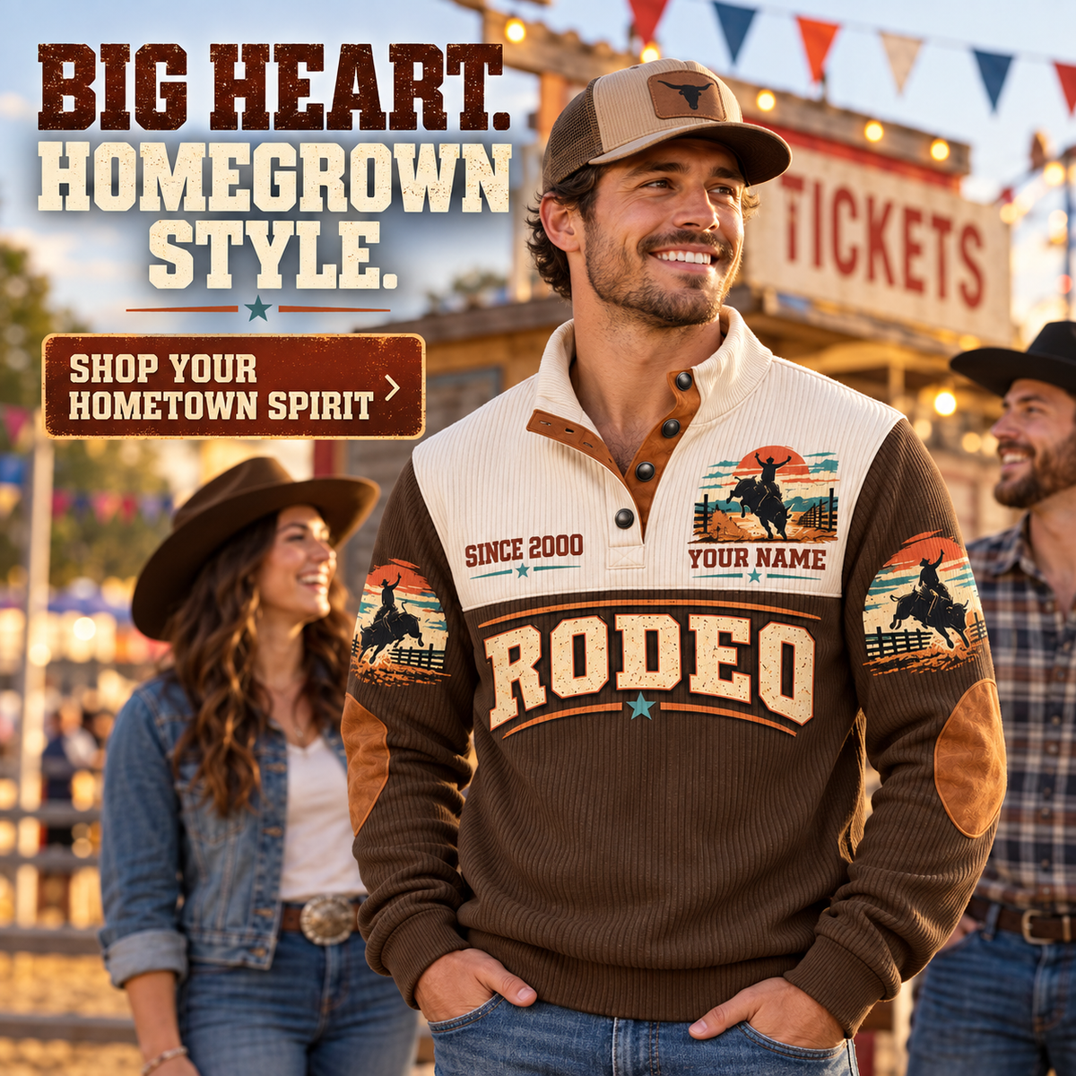 Small Town. Big Heart. | Bull Riding / Rodeo Personalized Sports Sweatshirt lifestyle mockup in Brown