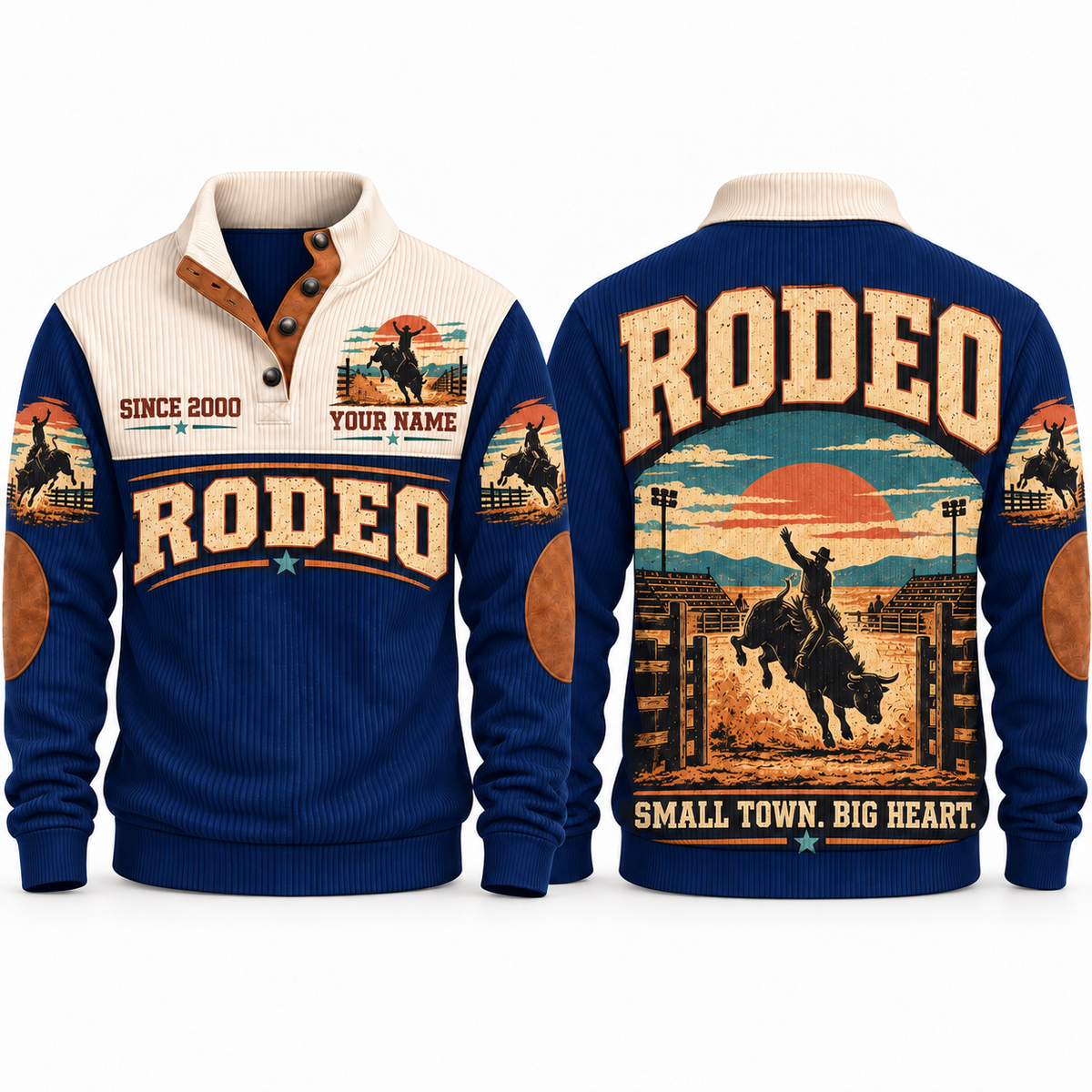Small Town. Big Heart. personalized bull riding rodeo sports sweatshirt in Navy – RDO06