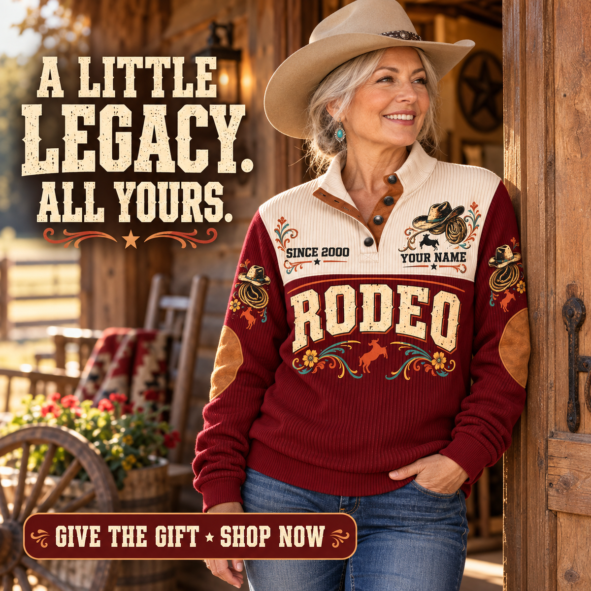 Keep the Legacy Riding | Bull Riding / Rodeo Personalized Sports Sweatshirt lifestyle mockup in Jujube Red