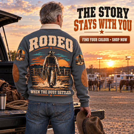 When the Dust Settles | Bull Riding / Rodeo Personalized Sports Sweatshirt lifestyle mockup in Grey
