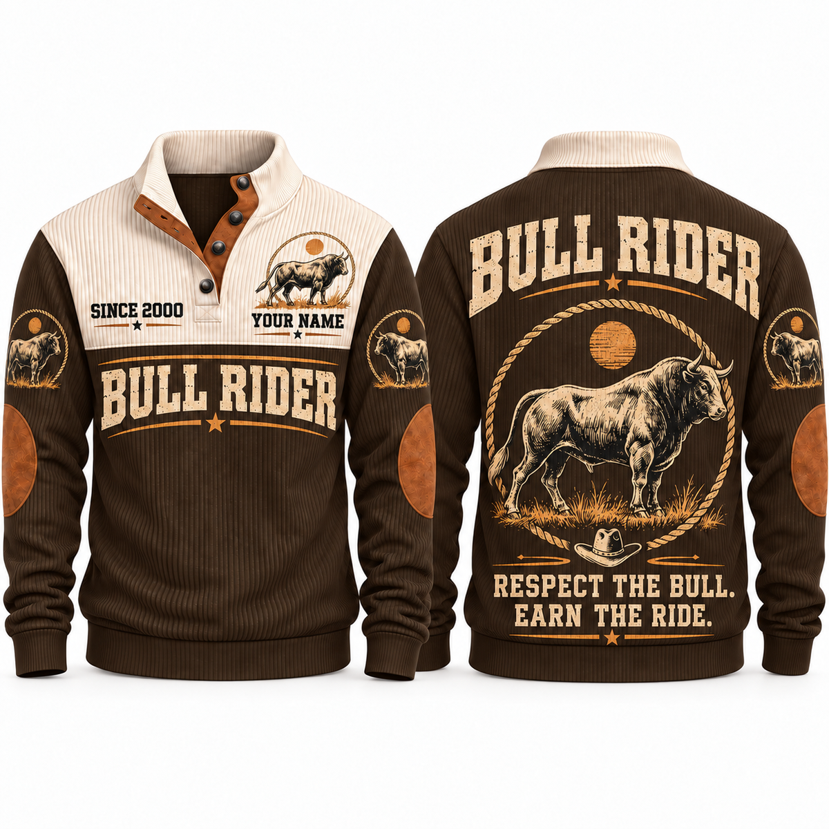 Respect the Bull. Earn the Ride. | Bull Riding / Rodeo Personalized Sports Sweatshirt - Brown