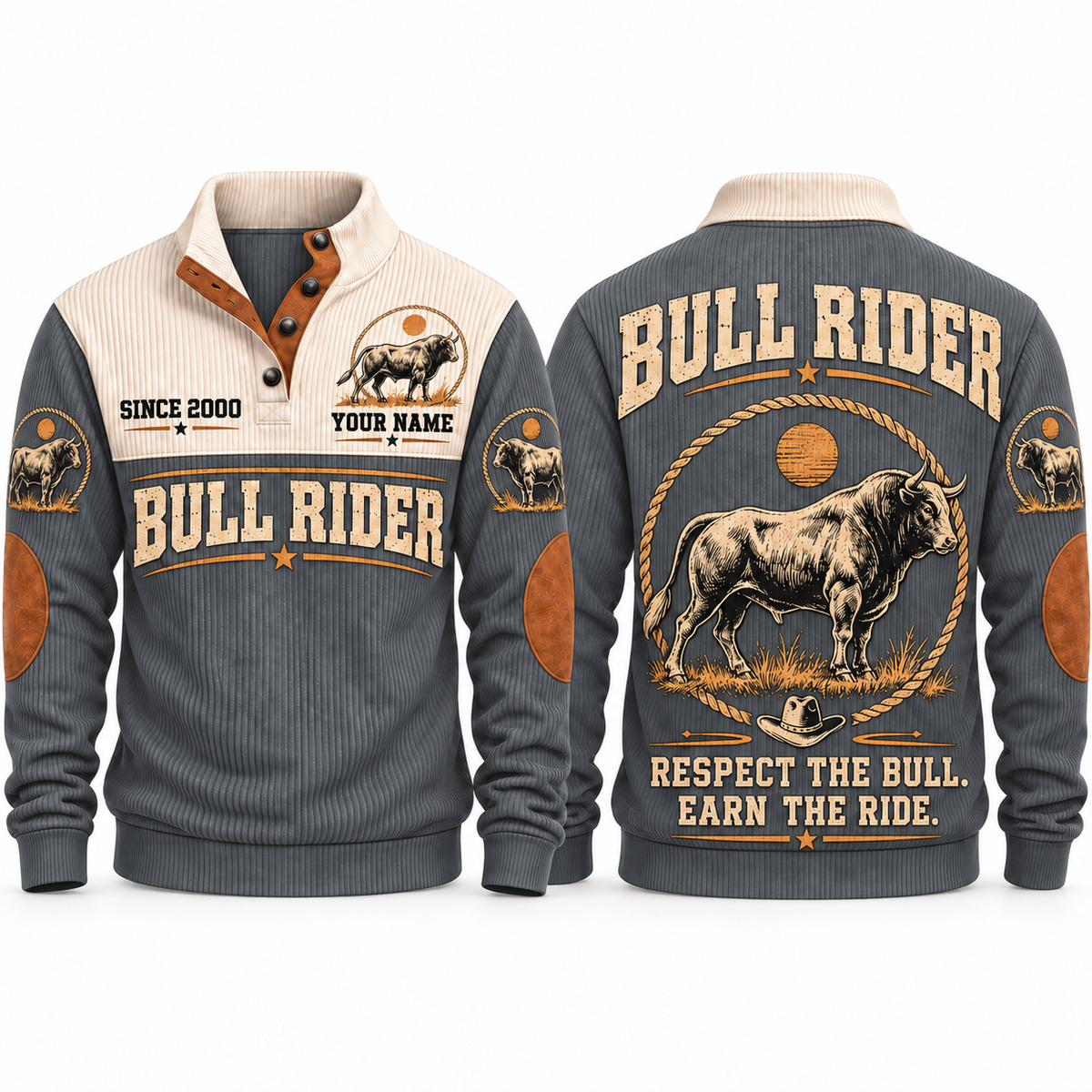 Respect the Bull. Earn the Ride. | Bull Riding / Rodeo Personalized Sports Sweatshirt - Grey