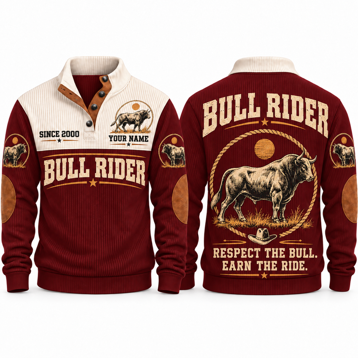Respect the Bull. Earn the Ride. | Bull Riding / Rodeo Personalized Sports Sweatshirt - Jujube Red