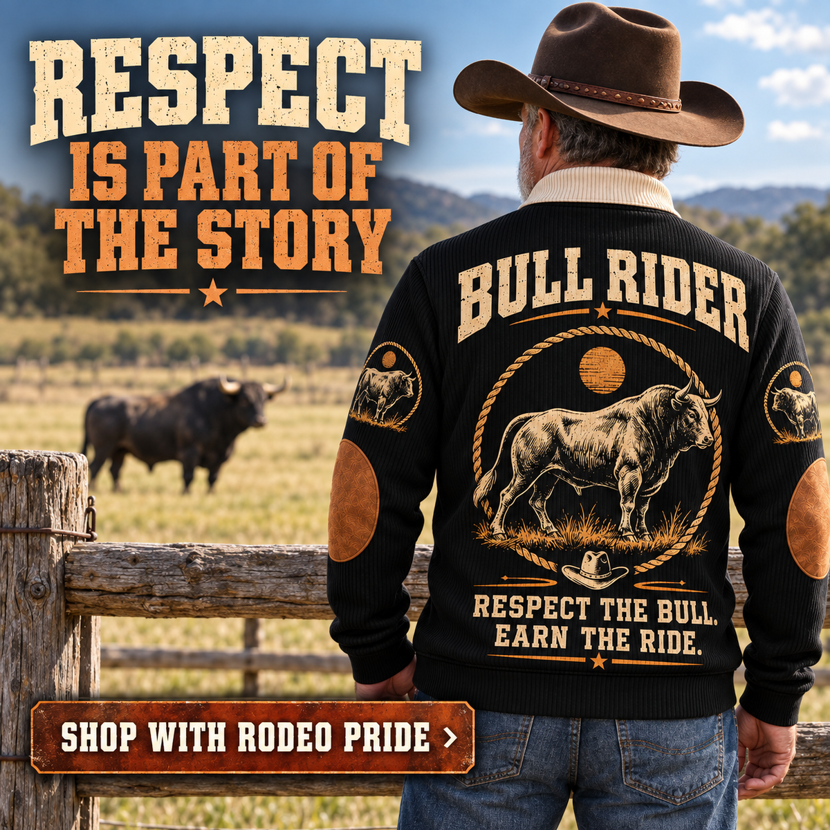 Respect the Bull. Earn the Ride. | Bull Riding / Rodeo Personalized Sports Sweatshirt lifestyle mockup in Black