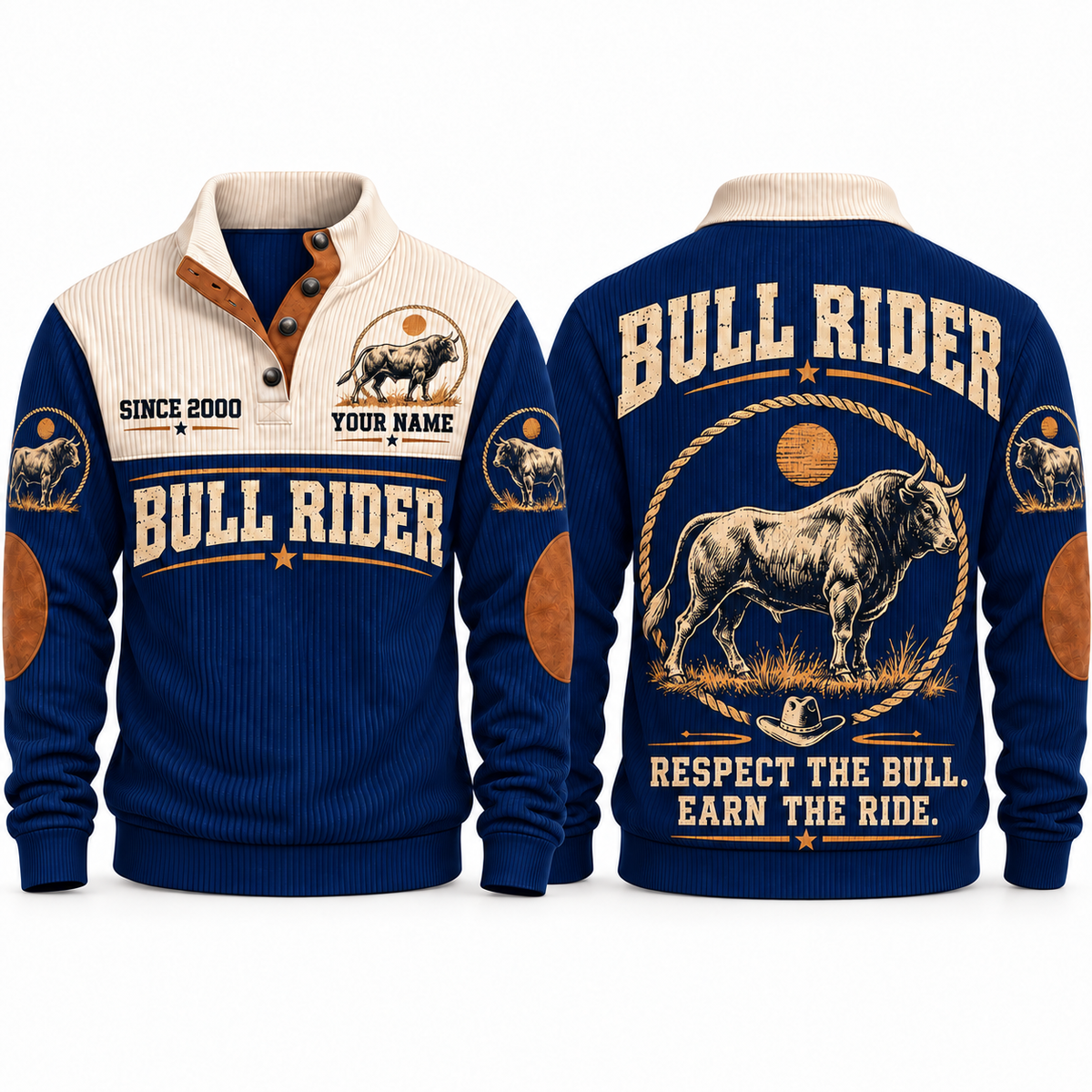 Respect the Bull. Earn the Ride. | Bull Riding / Rodeo Personalized Sports Sweatshirt - Navy