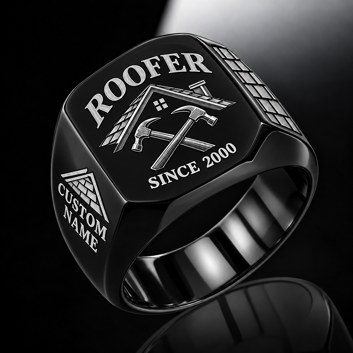 Roofer Classic Emblem ring in Black, showing CUSTOM NAME and SINCE 2000