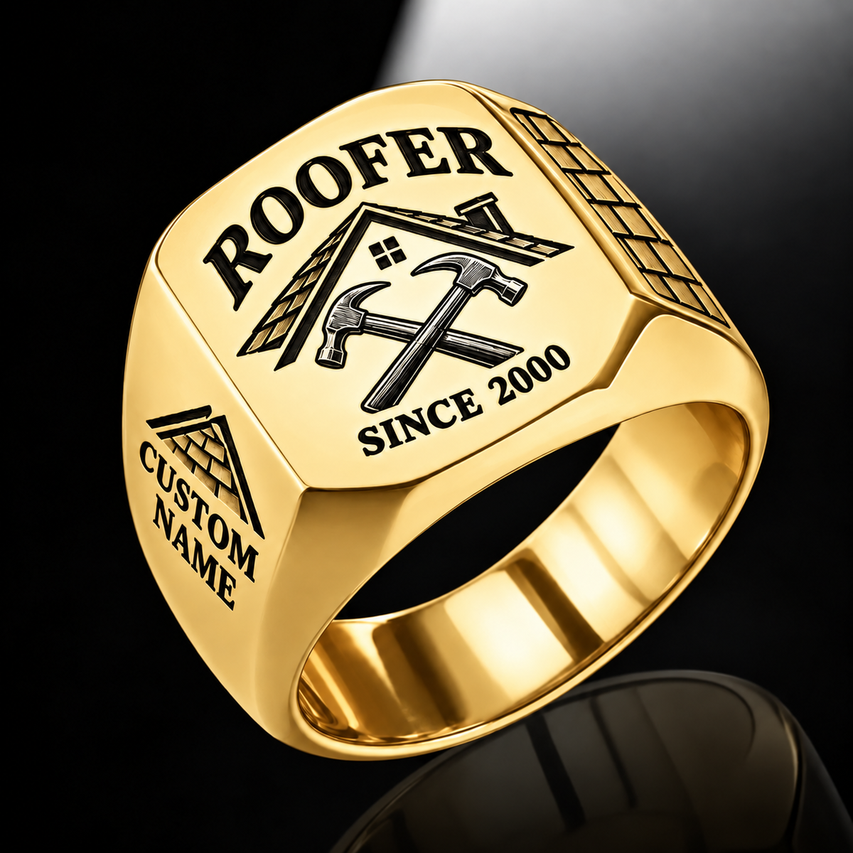 Roofer Classic Emblem ring in Gold, showing CUSTOM NAME and SINCE 2000