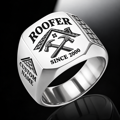 Roofer Classic Emblem ring in Silver, showing CUSTOM NAME and SINCE 2000