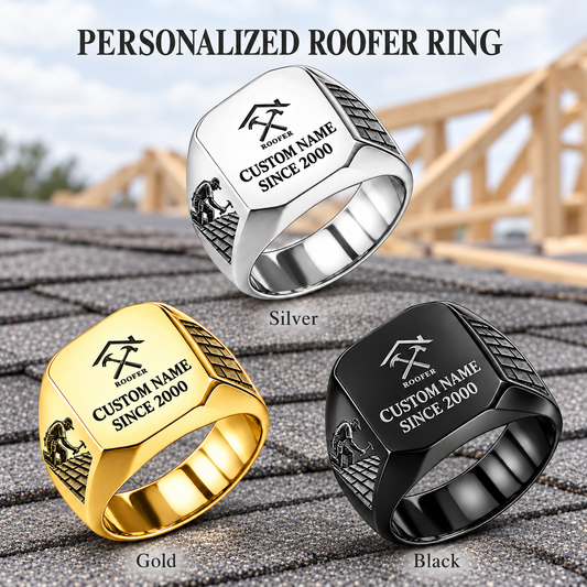 Roofer Signature Crest personalized ring advertisement showing Silver, Gold and Black rings with CUSTOM NAME and SINCE 2000 on a roofer-themed background