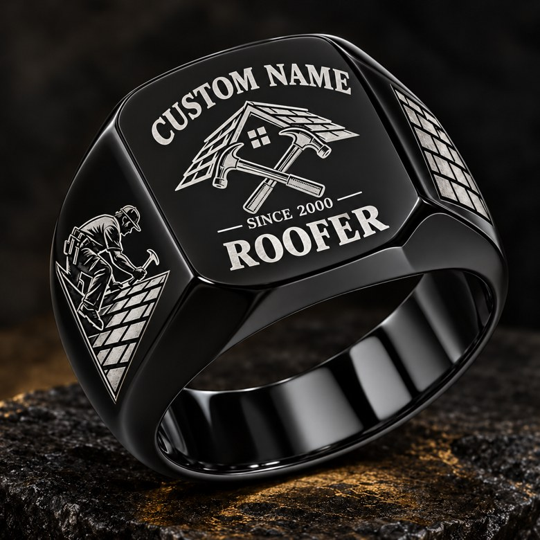 Roofer Heritage Emblem ring in Black, showing CUSTOM NAME and SINCE 2000