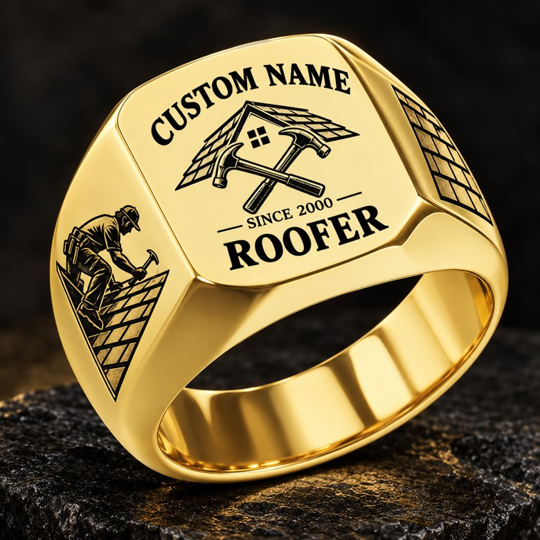 Roofer Heritage Emblem ring in Gold, showing CUSTOM NAME and SINCE 2000