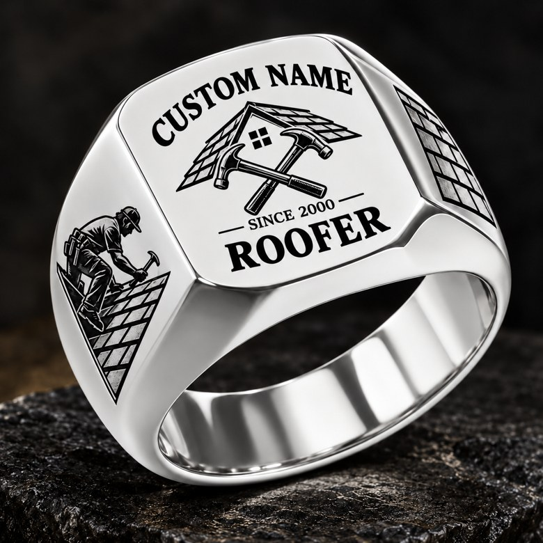 Roofer Heritage Emblem ring in Silver, showing CUSTOM NAME and SINCE 2000