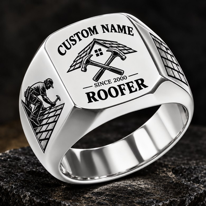 Roofer Heritage Emblem ring in Silver, showing CUSTOM NAME and SINCE 2000