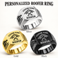 Roofer Heritage Emblem personalized ring advertisement showing Silver, Gold and Black finishes with CUSTOM NAME and SINCE 2000