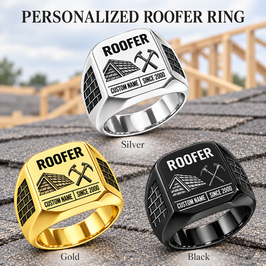 Roofer Twin Icons personalized ring advertisement showing Silver, Gold and Black rings with CUSTOM NAME and SINCE 2000 on a roofer-themed background