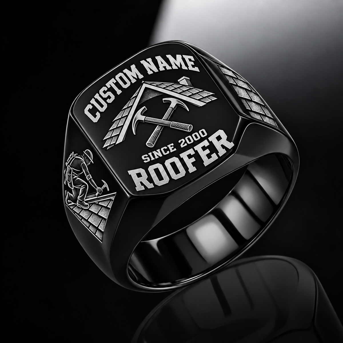 Roofer Bold Lettering ring in Black, showing CUSTOM NAME and SINCE 2000