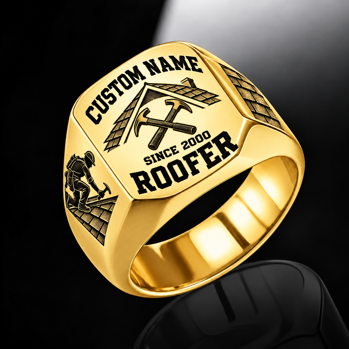Roofer Bold Lettering ring in Gold, showing CUSTOM NAME and SINCE 2000