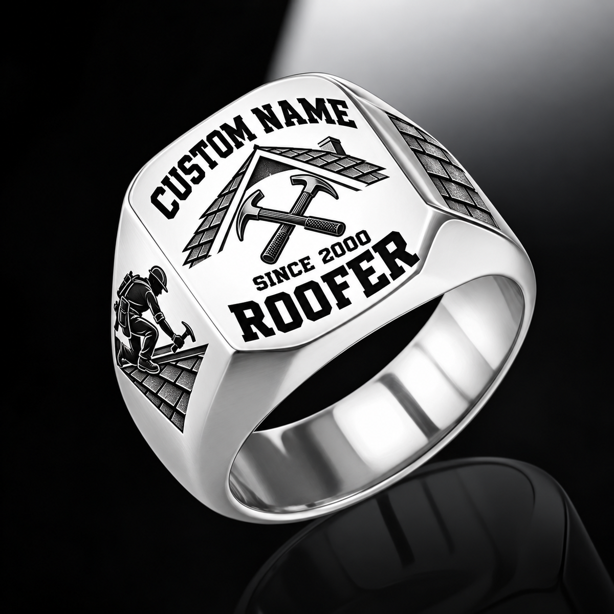 Roofer Bold Lettering ring in Silver, showing CUSTOM NAME and SINCE 2000