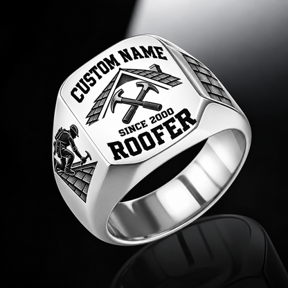 Roofer Bold Lettering ring in Silver, showing CUSTOM NAME and SINCE 2000