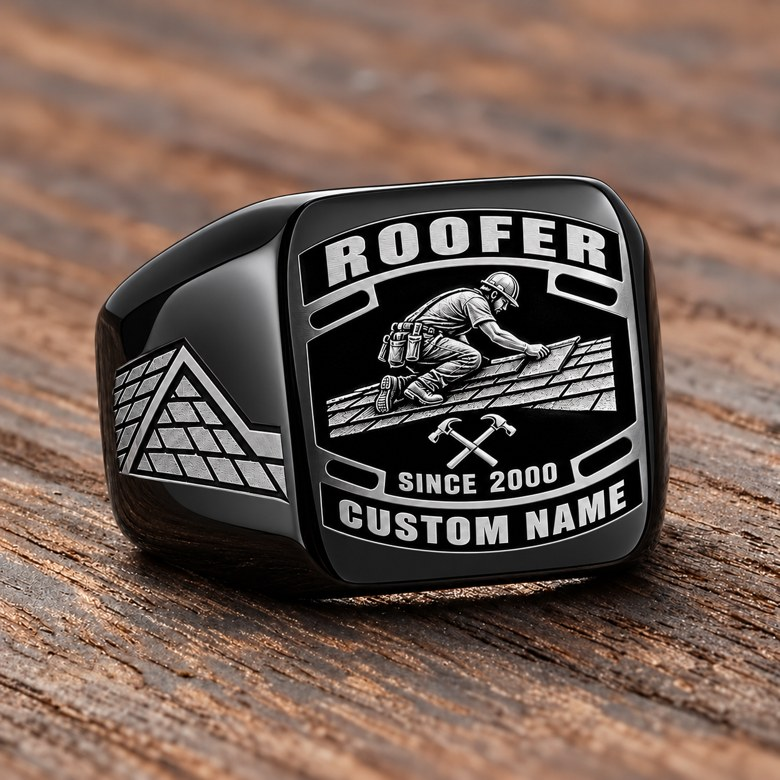 Roofer Black Face Badge ring in Black, showing CUSTOM NAME and SINCE 2000