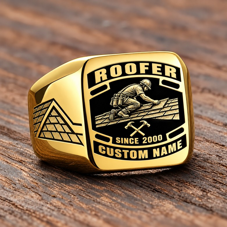 Roofer Black Face Badge ring in Gold, showing CUSTOM NAME and SINCE 2000