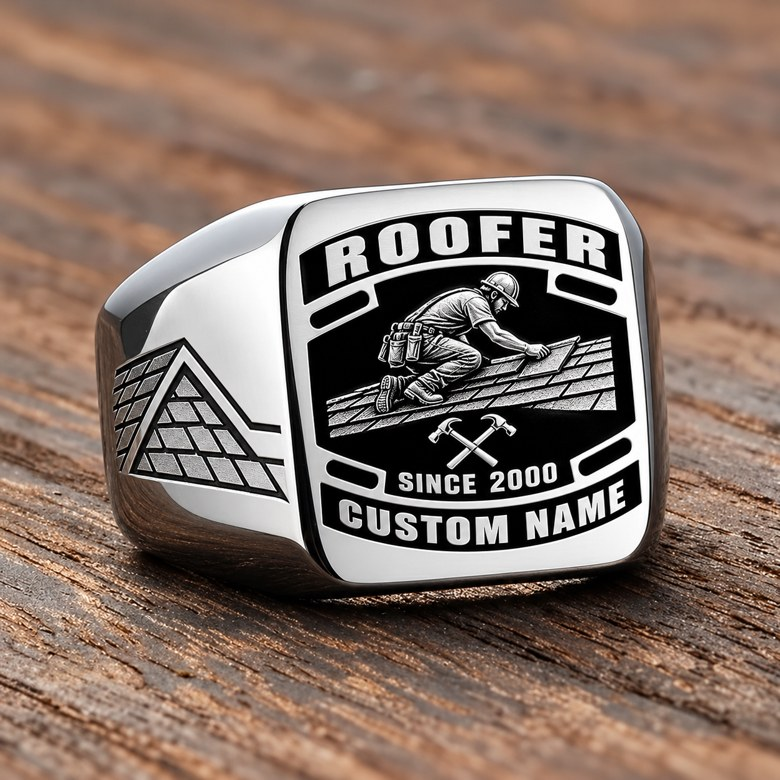 Roofer Black Face Badge ring in Silver, showing CUSTOM NAME and SINCE 2000