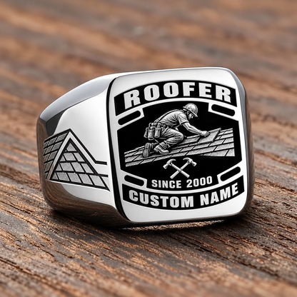 Roofer Black Face Badge ring in Silver, showing CUSTOM NAME and SINCE 2000