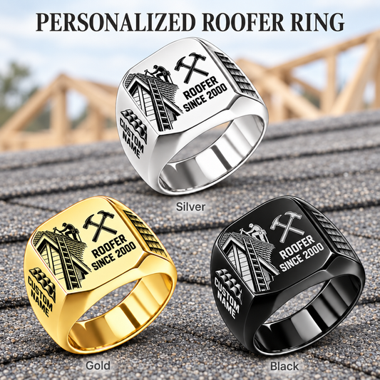 Roofer Split Emblem personalized ring advertisement showing Silver, Gold and Black rings with CUSTOM NAME and SINCE 2000 on a roofer-themed background