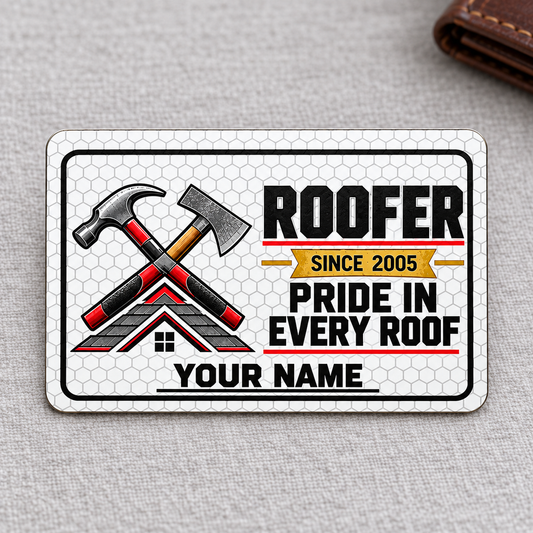 Front of the Roofer Honeycomb Pride aluminum wallet card on a subtle tabletop.