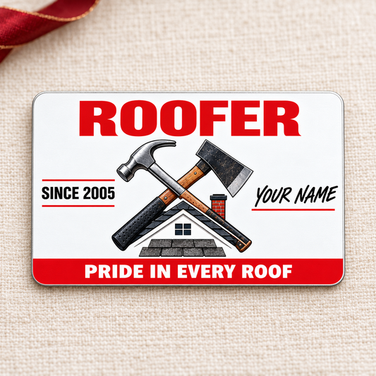 Front of the Roofer Signature Classic aluminum wallet card on a subtle tabletop.