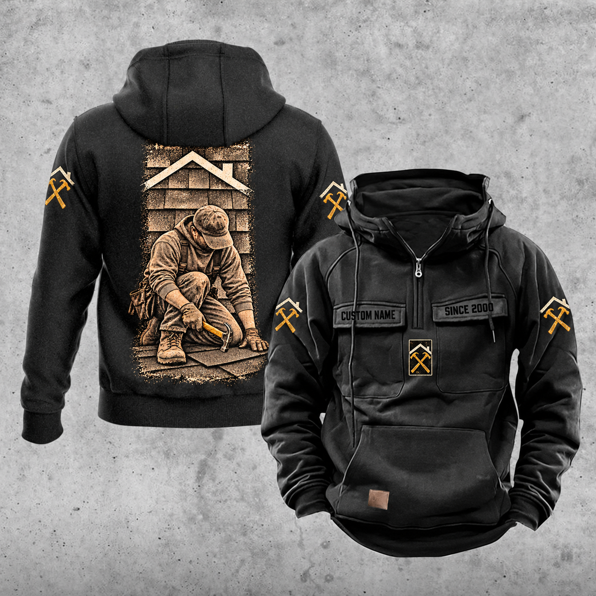 Roofer Daily Commitment Portrait Vintage Hoodie in Black, front and back views with sample text CUSTOM NAME and SINCE 2000, tall kneeling roofer back artwork, sleeve roofline and crossed hammers, and plain lower front pouch.