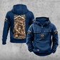 Roofer Daily Commitment Portrait Vintage Hoodie in Dark Blue, front and back views with sample text CUSTOM NAME and SINCE 2000, tall kneeling roofer back artwork, sleeve roofline and crossed hammers, and plain lower front pouch.