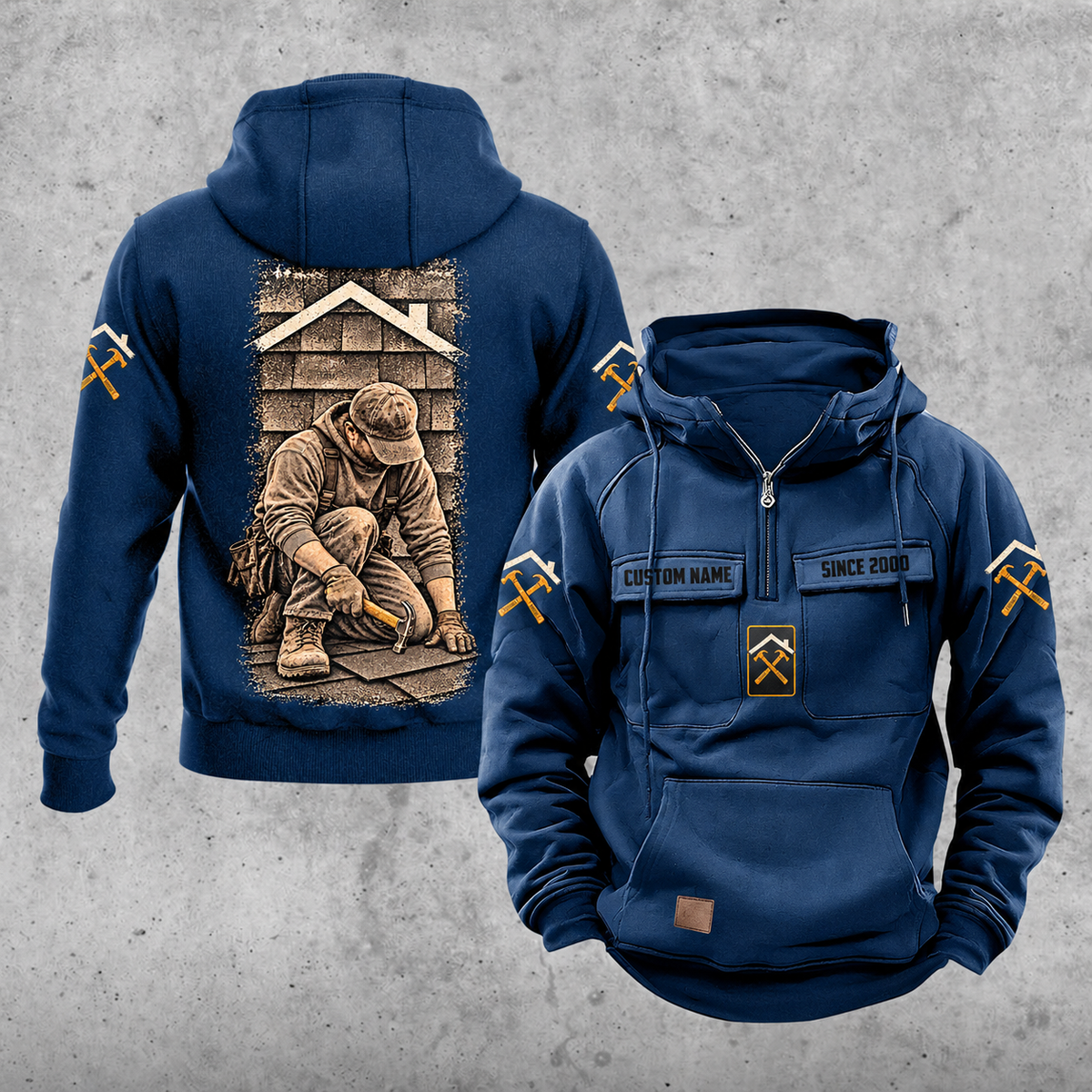 Roofer Daily Commitment Portrait Vintage Hoodie in Dark Blue, front and back views with sample text CUSTOM NAME and SINCE 2000, tall kneeling roofer back artwork, sleeve roofline and crossed hammers, and plain lower front pouch.
