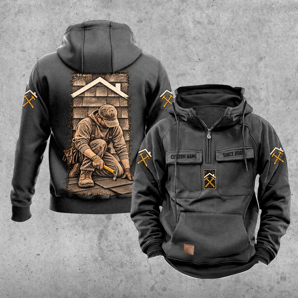 Roofer Daily Commitment Portrait Vintage Hoodie in Dark Gray, front and back views with sample text CUSTOM NAME and SINCE 2000, tall kneeling roofer back artwork, sleeve roofline and crossed hammers, and plain lower front pouch.