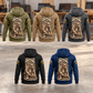 Five full separated back views of Roofer Daily Commitment Portrait Vintage Hoodies in Military Green, Kaki, Dark Gray, Black and Dark Blue, arranged in a roofing workshop with stacked shingle samples.