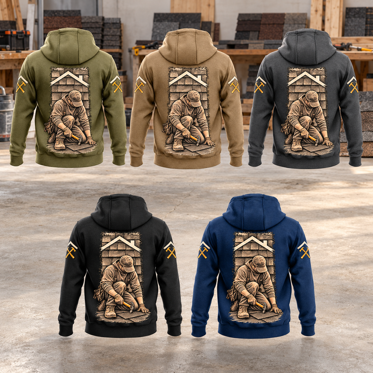 Five full separated back views of Roofer Daily Commitment Portrait Vintage Hoodies in Military Green, Kaki, Dark Gray, Black and Dark Blue, arranged in a roofing workshop with stacked shingle samples.